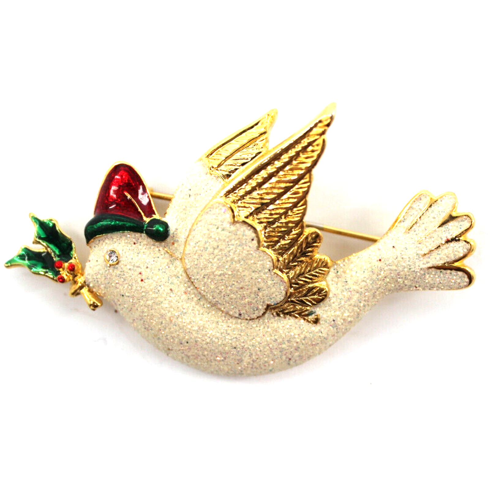 Sfj Christmas Dove Brooch Pin Glittering White Goldtone Red Green Enamel